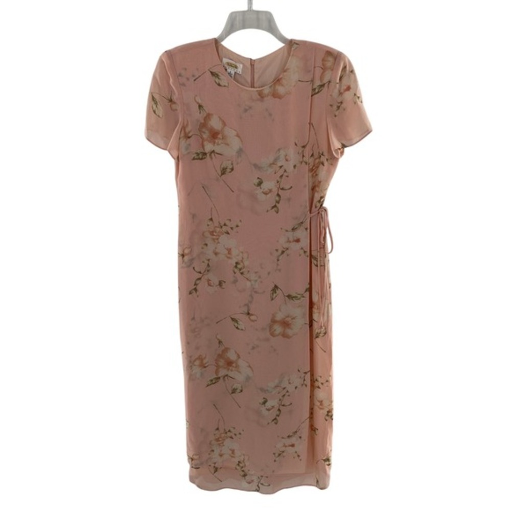 Talbots Petites Floral Print Wrap Dress‎ Pink Short Sleeve Midi Made in USA Sz 8
